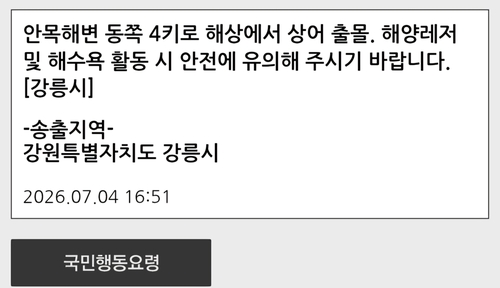 ▲상어 출몰 재난문자. (연합뉴스)
