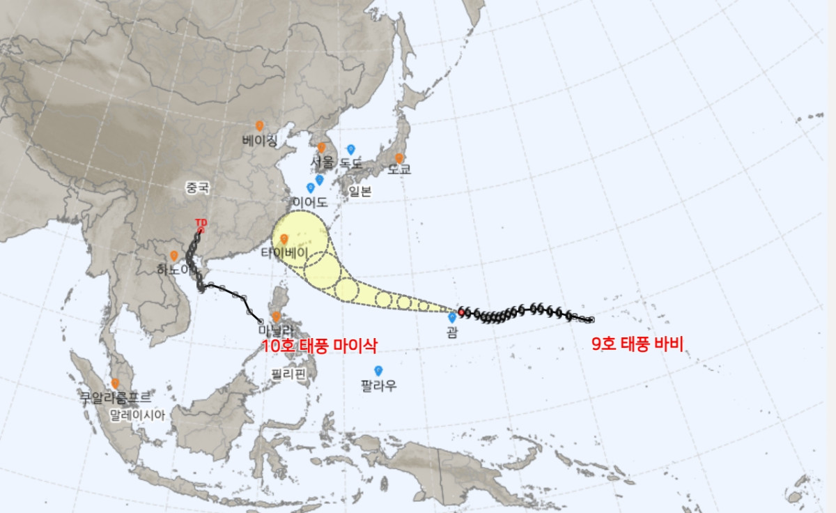 ▲9호 태풍 바비, 10호 태풍 마이삭 예상 경로 (출처=기상청)
