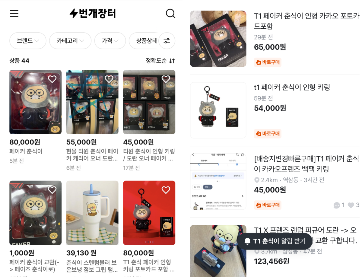 ▲'페이커' 이상혁 백팩 키링인형 판매 글. (출처=번개장터ㆍ당근 캡처)