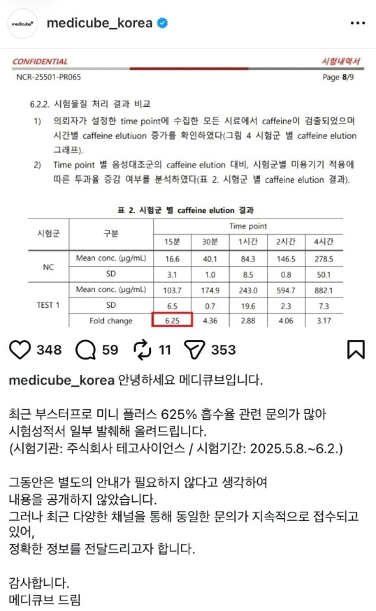 ▲메디큐브가 직접 공개한 시험내역서 일부. (출처=메디큐브 공식 SNS)