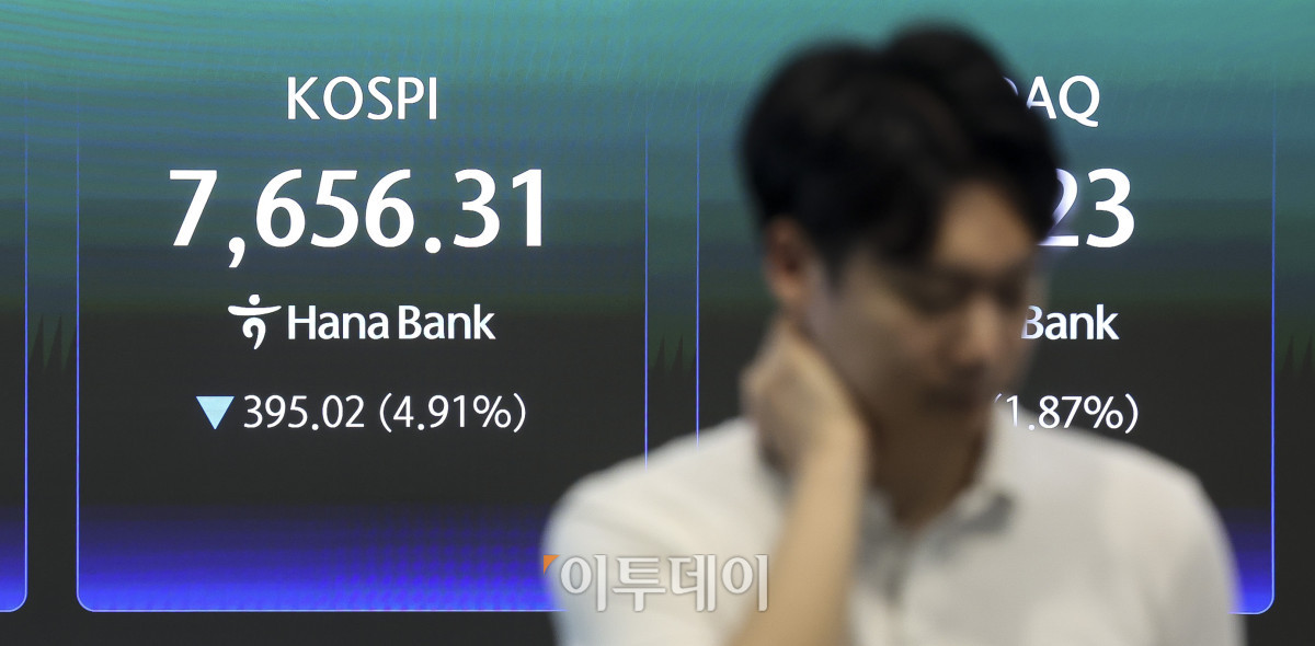 ▲7일 오후 서울 중구 하나은행 딜링룸 전광판에 코스피 지수가 표시되고 있다. 코스피는 전 거래일보다 4.91%내린 7656.31, 코스닥은 1.87% 내린 831.23에 마감했다. 이날 코스피는 장중 8% 넘게 떨어지며 유가증권시장 매매거래가 일시 중단됐다. 한국거래소는 오후 1시 51분 부터 코스피시장 매매거래를 20분간 중단하는 서킷브레이커 1단계를 발동했다. 고성준 기자 joonko1@