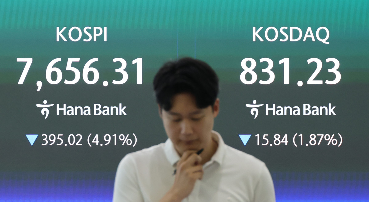 ▲코스피가 5% 가까이 급락한 7일 서울 중구 하나은행 딜링룸 현황판에 코스피·코스닥 종가가 표시돼있다. (연합뉴스)