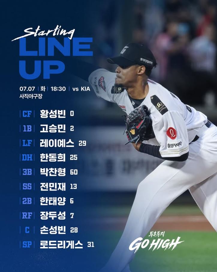 ▲7일 롯데 자이언츠 선발 라인업. (출처='@busanlottegiants' 인스타그램 캡처)