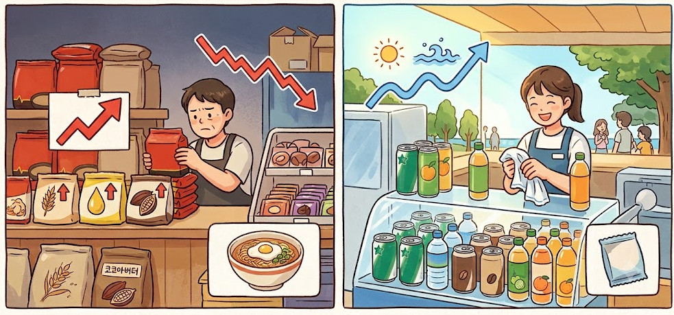 ▲라면제과업계와 음료업계 2분기 실적 전망 희비교차 (사진=AI 생성)
