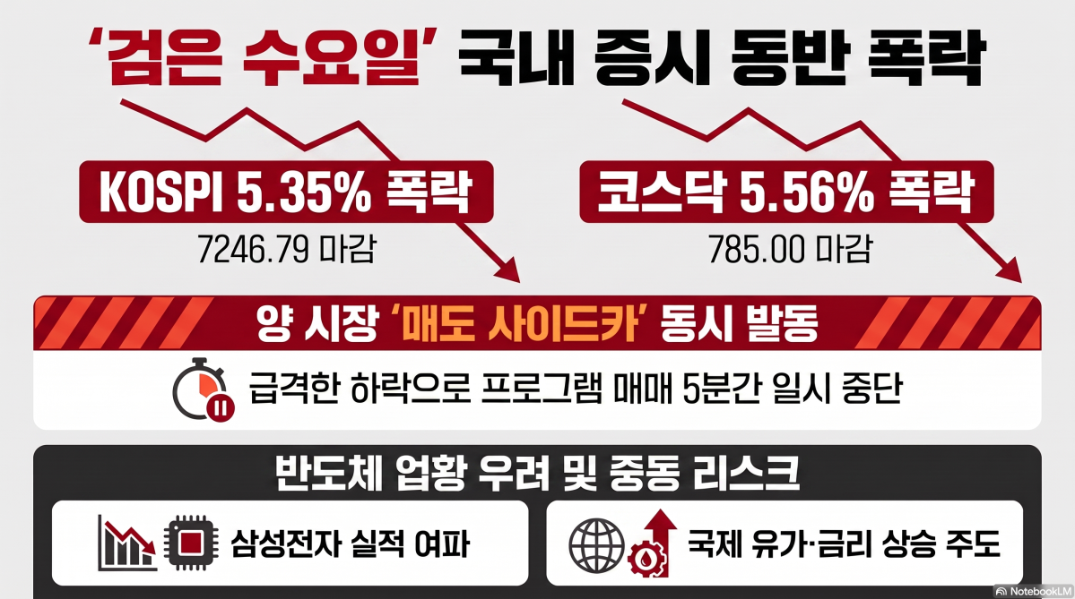 ▲8일 코스피와 코스닥 지수가 5% 넘게 급락하면서 양 시장에 매도 사이드카가 발동됐다. 이날 코스피 시장에서 개인은 3360억원을 순매수했고, 개인과 기관은 각각 353억원, 3477억원을 순매도했다. (사진=AI 생성) (이미지=구글 노트북 LM)