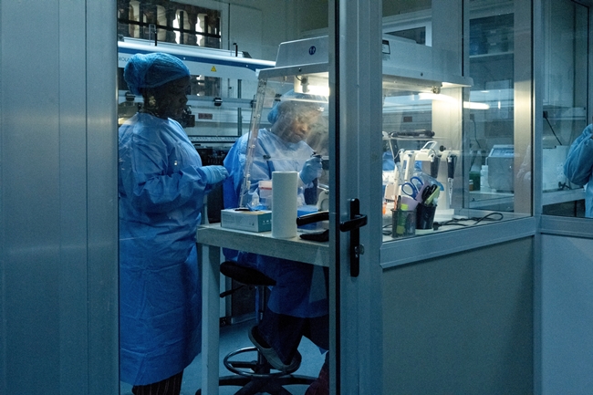▲2일 콩고민주공화국 킨샤사에 위치한 국립생물의학연구소(National Institute of Biomedical Research) 직원들이 검사를 진행하고 있다. (로이터/연합뉴스)