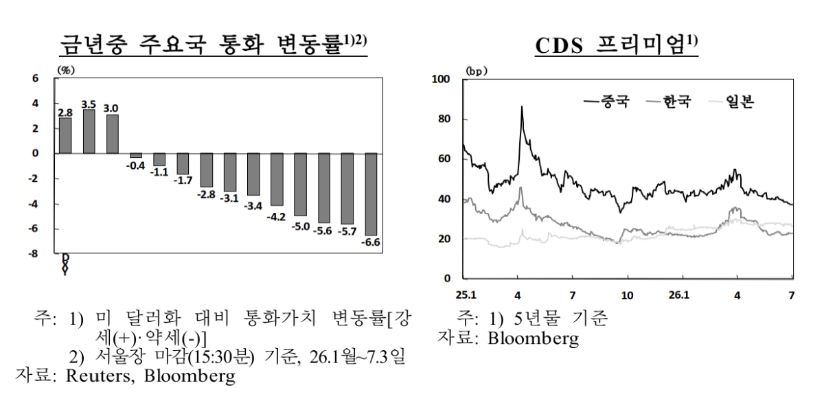 ▲주요국 통화 변동률 및 CDS 프리미엄 (사진제공=한국은행)