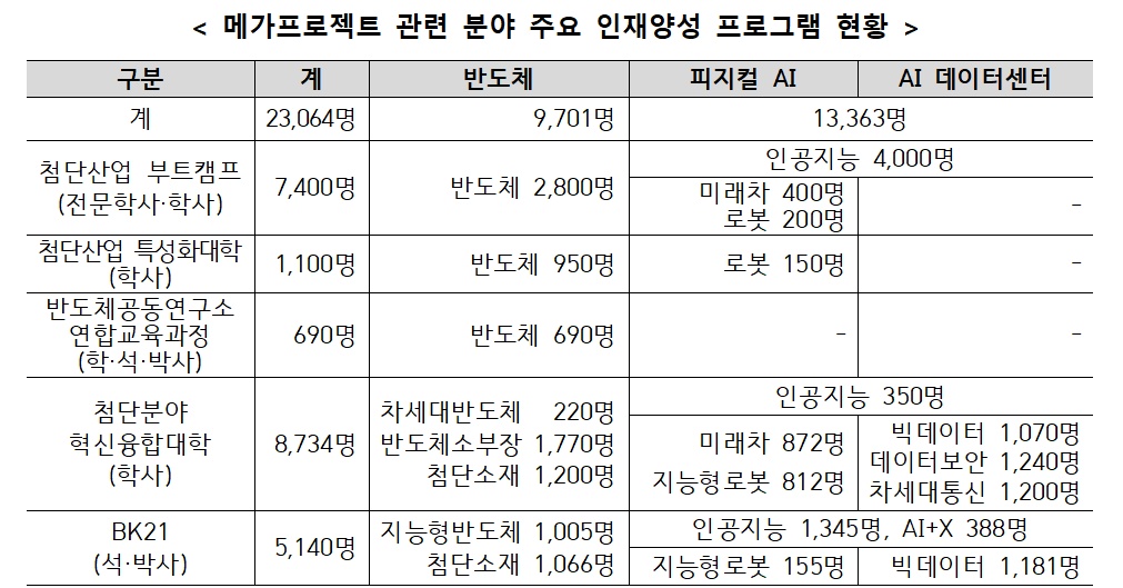 ▲메가프로젝트 관련 분야 주요 프로그램 현황 (교육부)
