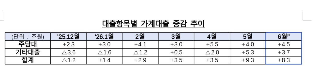 ▲대출항목별 가계대출 증감추이 (사진제공=금융위원회)