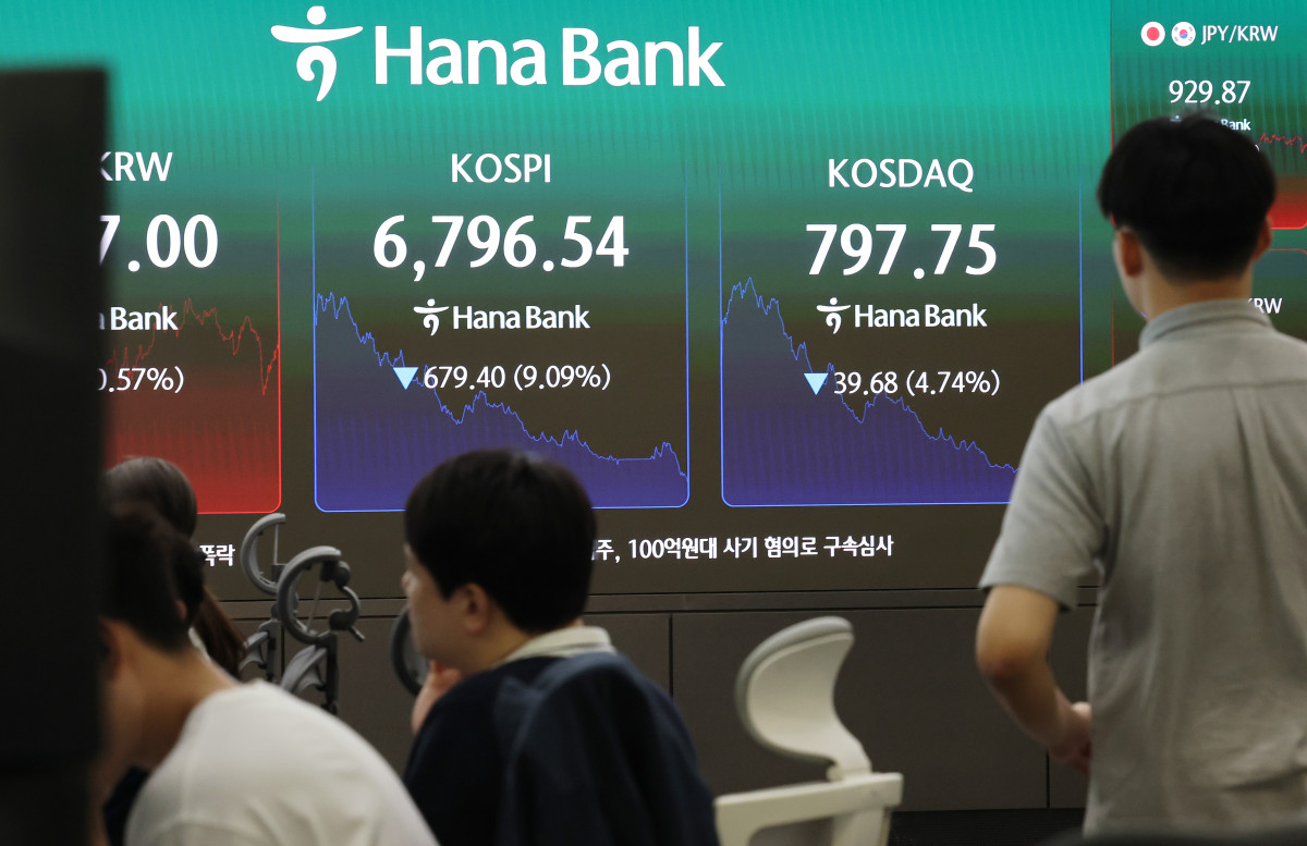 ▲13일 서울 중구 하나은행 본점 딜링룸에서 직원들이 업무를 보고 있다. 이날 코스피가 장중 6% 넘게 급락해 2개월여만에 7000선을 내줬다. (사진= 연합뉴스)