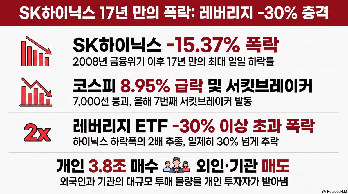 코스피 급락에 ‘SK하닉’ 17년만의 최대 낙폭…레버리지 ETF는 30% 넘게 폭락