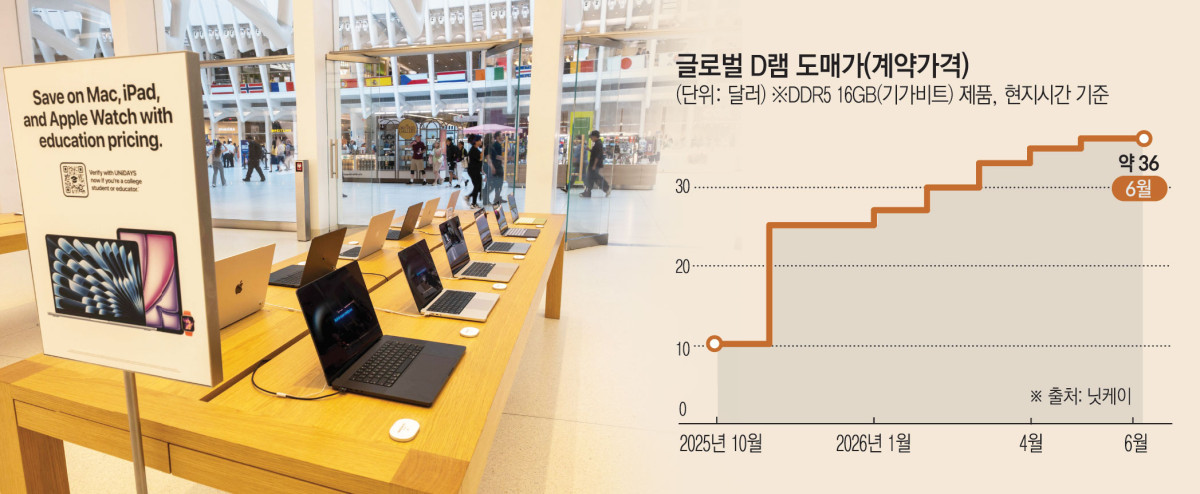 ▲미국 뉴욕의 애플스토어에 지난달 25일(현지시간) 제품들이 전시돼 있다. 애플은 메모리 칩 비용 증가 등을 이유로 아이패드와 맥북 가격을 인상했다. (뉴욕/AFP연합뉴스)
