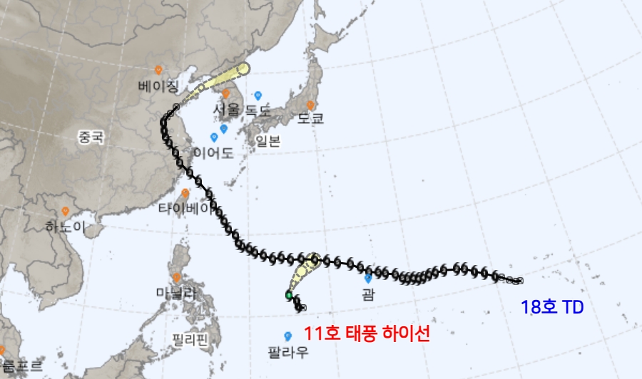 ▲제11호 태풍 하이선 예상경로 (출처=기상청 날씨누리)