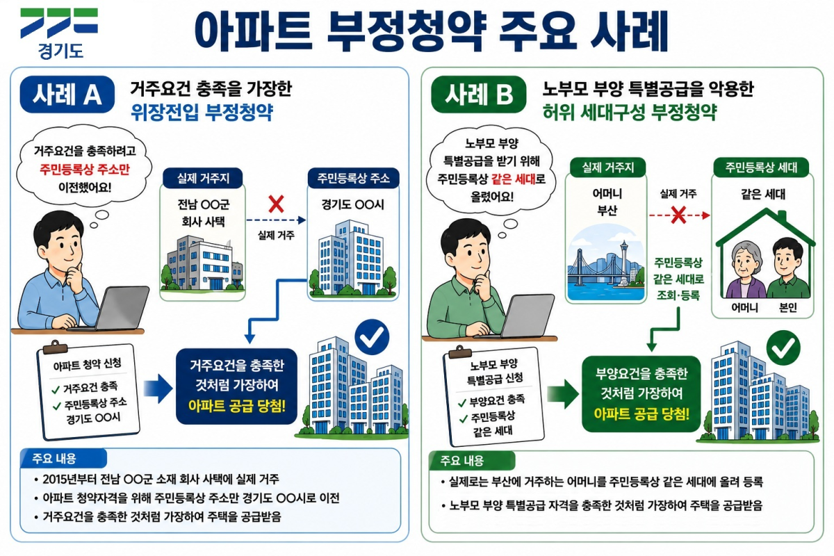 ▲기도가 공개한 아파트 부정청약 주요 사례. 경기도는 7월 14일 동탄2신도시 아파트 청약 과정에서 위장전입, 허위 노부모 부양 등으로 청약가점을 조작한 부정청약 행위자 4명을 검찰에 송치했다고 밝혔다. (경기도)