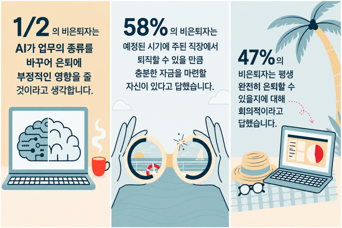 ▲미국 비은퇴자의 절반은 인공지능이 일의 형태를 바꾸는 것이 자신의 은퇴에 부정적인 영향을 미칠 것으로 내다봤다. 58%는 예정된 시기에 은퇴할 수 있을 만큼 충분한 자금을 마련할 자신이 있다고 답했으며, 47%는 평생 완전히 은퇴할 수 있을지에 대해 회의적이라고 밝혔다.(트라이벤트 제공, AI 편집 이미지)