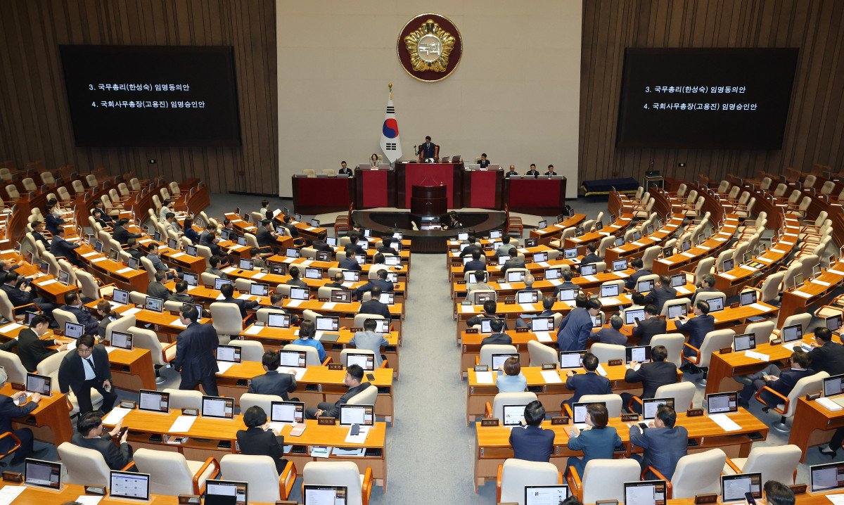 ▲지난달 30일 국회 본회의에서 국민의힘 의원들이 불참한 가운데 한성숙 국무총리 후보자 임명동의안이 상정되고 있다. 사진=연합뉴스