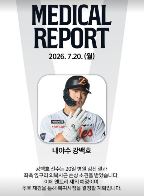 ▲강백호 병원 검진 결과. (출처=한화 이글스 SNS 캡처)