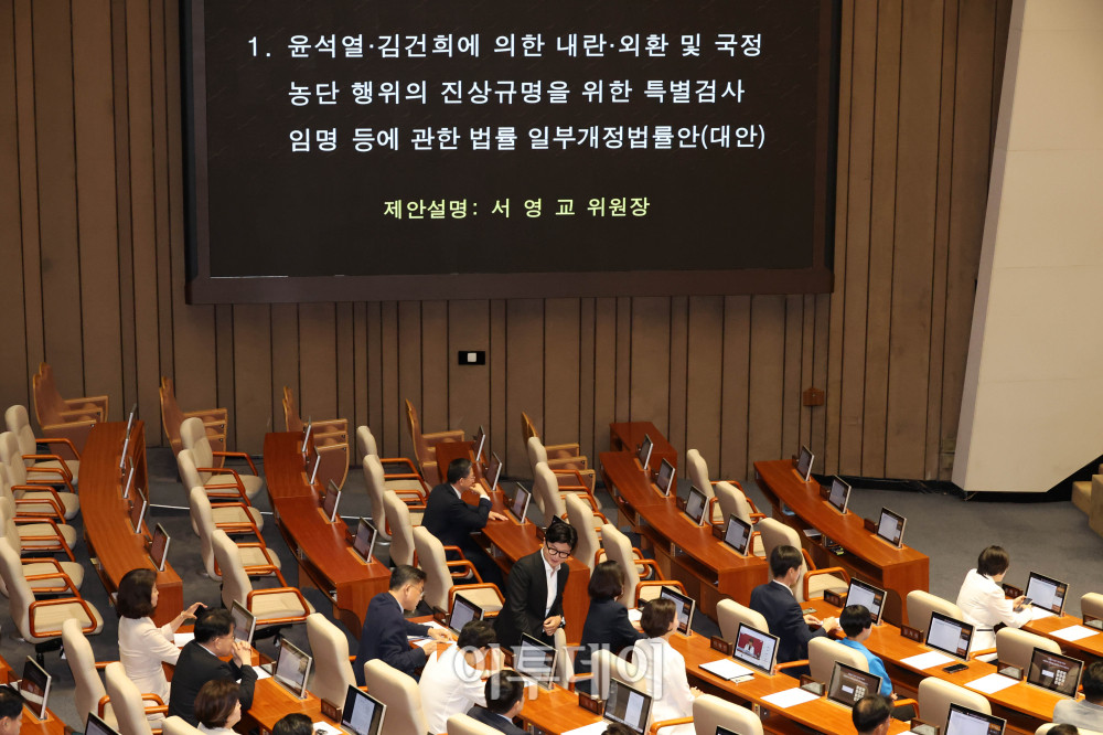 ▲20일 서울 여의도 국회 본회의에서 윤석열·김건희에 의한 내란·외환 및 국정농단 행위의 진상규명을 위한 특별검사 임명 등에 관한 법률 일부개정법률안과 관련해 서영교 더불어민주당 의원이 제안설명을 하는 가운데 한동훈 무소속 의원이 자리로 향하고 있다. 고이란 기자 photoeran@