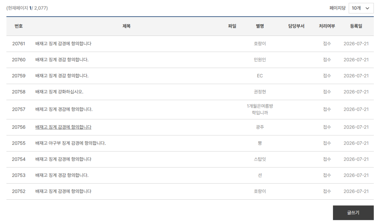 ▲대한체육회 민원 게시판. (출처=대한체육회 홈페이지 캡처)