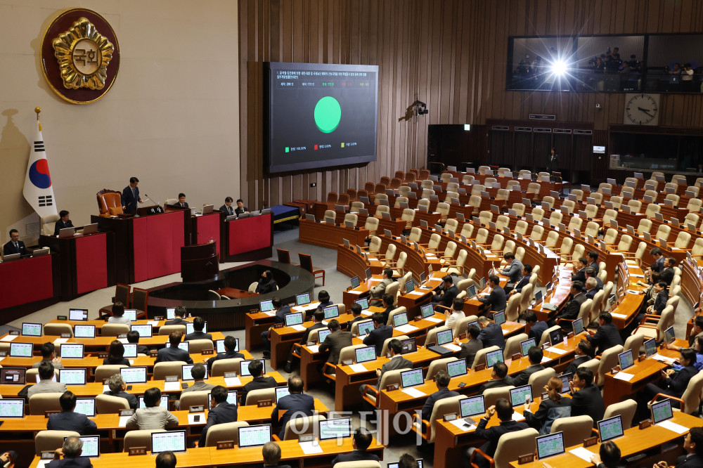 ▲21일 서울 여의도 국회 본회의에서 윤석열·김건희에 의한 내란·외환 및 국정농단 행위의 진상규명을 위한 특별검사 임명 등에 관한 법률 일부개정법률안이 국민의힘 의원들이 불참한 가운데 여당 주도로 가결되고 있다. 고이란 기자 photoeran@