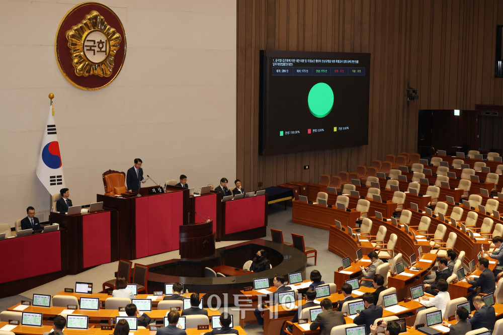 ▲21일 서울 여의도 국회 본회의에서 윤석열·김건희에 의한 내란·외환 및 국정농단 행위의 진상규명을 위한 특별검사 임명 등에 관한 법률 일부개정법률안이 국민의힘 의원들이 불참한 가운데 여당 주도로 가결되고 있다. 고이란 기자 photoeran@
