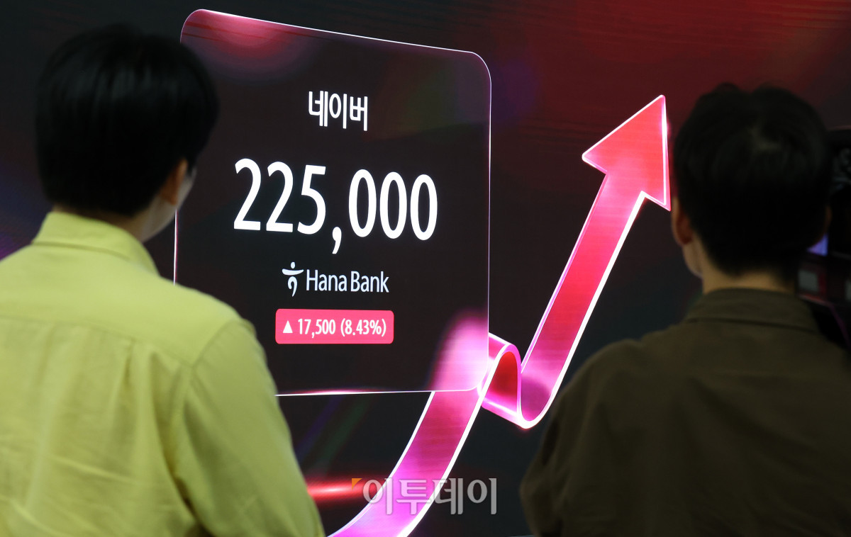 ▲27일 서울 중구 하나은행 딜링룸 전광판에 네이버 주가가 표시되고 있다. 이날 네이버는 엔비디아를 대상으로 10억 달러(약 1조4809억원) 규모의 제3자배정 유상증자를 결정했다고 공시했다. 주가는 전 거래일보다 1만7500원(8.43%) 급등한 22만5000원에 마감했다. 고이란 기자 photoeran@