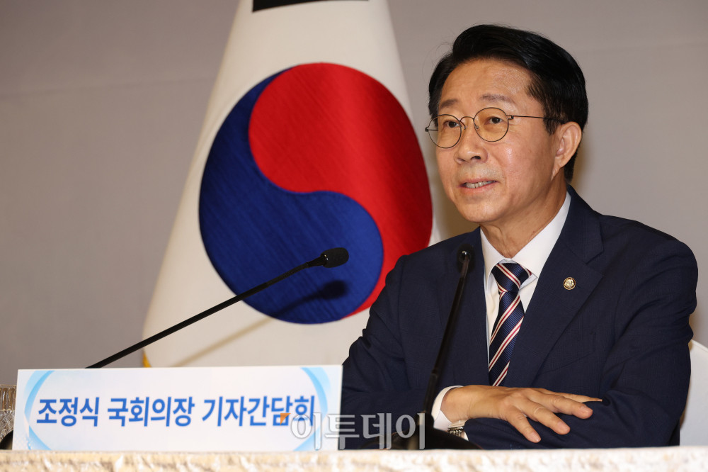 ▲조정식 국회의장이 28일 서울 여의도 국회 사랑재에서 취임 후 첫 기자간담회를 하고 있다. 고이란 기자 photoeran@