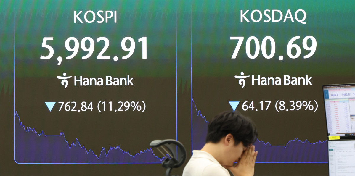 ▲코스피가 미국과 중국발 반도체 쇼크에 10% 넘게 폭락하며 검은 화요일이 연출된 28일 서울 중구 하나은행 본점 모니터에 코스피 등 시황이 표시되고 있다. 이날 코스피는 전 거래일보다 732.09포인트(10.84%) 내린 6023.66으로 장을 마감했다. 장중에는 11% 넘게 하락해 6000선이 무너지기도 했다. 한국거래소에 따르면 이날 코스피는 역대 2위 하락폭으로 1위는 지난달 23일(-910.71포인트)로 집계됐다. 외국인이 5조원 가까이 대규모 매도에 나선 가운데 개인이 대부분 사들였다. 반도체 투톱인 삼성전자는 13%, SK하이닉스는 14% 하락해 22만원과 155만원까지 밀렸다. 코스닥은 59.01포인트(7.72%) 내린 705.85로 장을 종료했다. 신태현 기자 holjjak@
