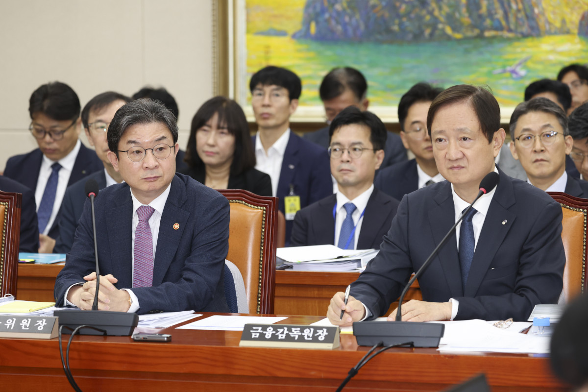 ▲이억원(왼쪽) 금융위원회 위원장과 이찬진 금융감독원장이 29일 오전 서울 여의도 국회에서 열린 정무위원회 전체회의에 참석해 있다. (뉴시스)