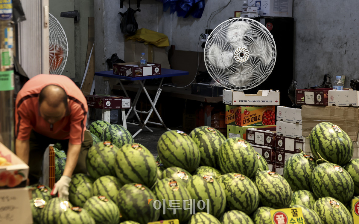 ▲장마가 끝난 뒤 폭염이 이어지고 있는 가운데 29일 서울 동대문구 청량리청과물시장 상인들이 선풍기로 더위를 버티고 있다. 고성준 기자 joonko1@