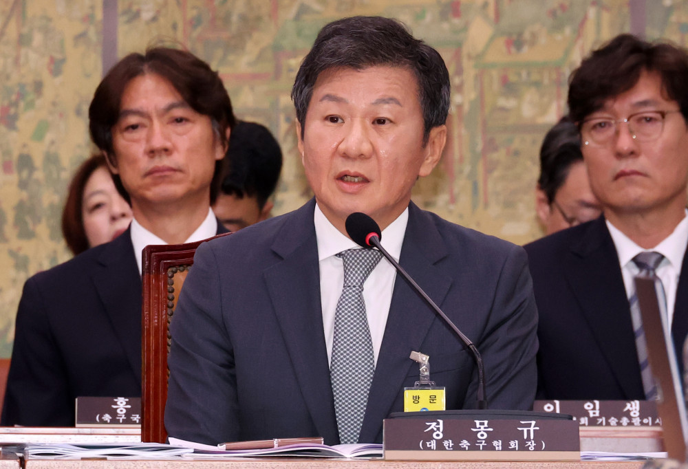 ▲정몽규 전 대한축구협회장이 2024년 9월 24일 오전 서울 여의도 국회에서 열린 문화체육관광위원회의 대한축구협회 등에 대한 현안질의에서 의원 질의에 답변하고 있다. 왼쪽은 홍명보 전 축구국가대표팀 감독. (뉴시스)