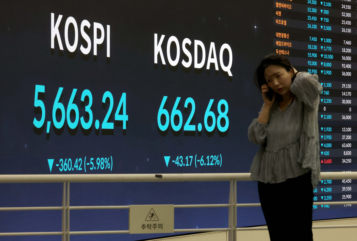 ▲국내 증시가 SK하이닉스의 실적 실망감과 개인의 패닉셀(투매)이 겹치며 역사상 처음으로 이틀 연속 1단계 서킷브레이커(CB)가 발동되는 초유의 사태를 맞았다. 다만 오후 들어 기관 투자자의 저가 매수세가 유입되며 장중 12%에 달했던 낙폭을 절반 가까이 줄인 채 거래를 마쳤다. 29일 서울 여의도 한국거래소에 코스피 등 시황이 표시되고 있다. 이날 코스피는 전 거래일 대비 360.42포인트(5.98%) 급락한 5663.24에 장을 마감했다. 코스닥 역시 43.17포인트(6.12%) 내린 662.68로 거래를 마쳤다. 신태현 기자 holjjak@