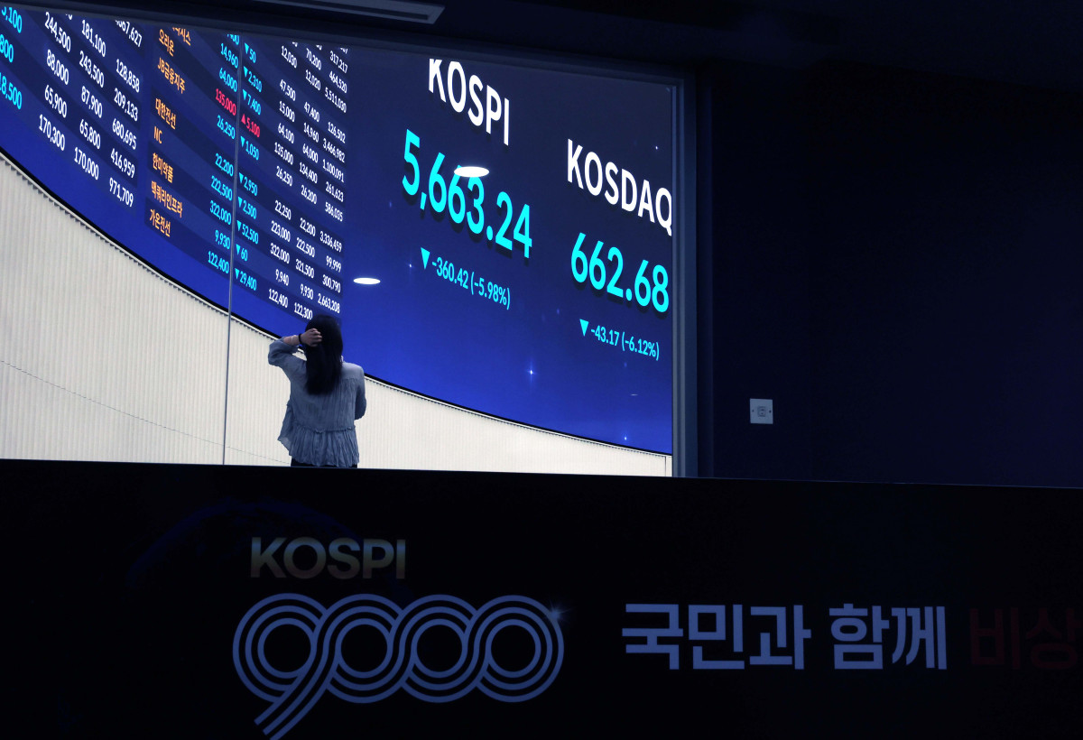 ▲국내 증시가 SK하이닉스의 실적 실망감과 개인의 패닉셀(투매)이 겹치며 역사상 처음으로 이틀 연속 1단계 서킷브레이커(CB)가 발동되는 초유의 사태를 맞았다. 다만 오후 들어 기관 투자자의 저가 매수세가 유입되며 장중 12%에 달했던 낙폭을 절반 가까이 줄인 채 거래를 마쳤다. 29일 서울 여의도 한국거래소에 코스피 등 시황이 표시되고 있다. 이날 코스피는 전 거래일 대비 360.42포인트(5.98%) 급락한 5663.24에 장을 마감했다. 코스닥 역시 43.17포인트(6.12%) 내린 662.68로 거래를 마쳤다. 신태현 기자 holjjak@