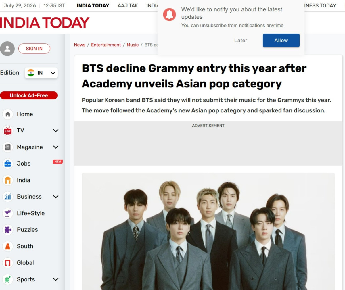 ▲아시안 팝 부문 신설 후…BTS, 올해 그래미 출품 거부 (출처=인디아투데이 캡처)