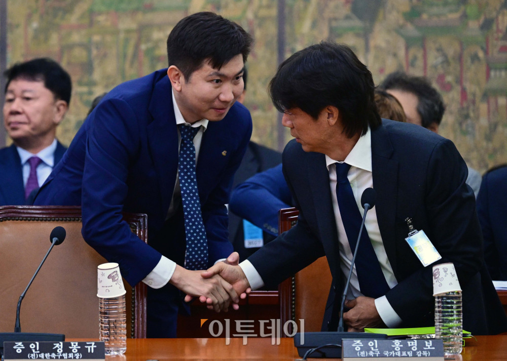 ▲유승민(왼쪽) 대한체육회장과 홍명보 전 축구대표팀 감독이 30일 서울 여의도 국회 문화체육관광위원회에서 열린 대한축구협회 현안 관련 청문회에서 악수를 하고 있다. 고이란 기자 photoeran@