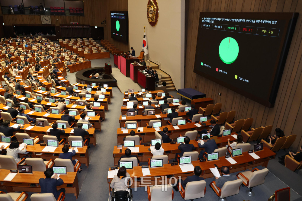 ▲30일 서울 여의도 국회 본회의에서 제9회 전국동시지방선거 투표용지 부족 사태 등 국민참정권 침해 의혹 진상규명을 위한 특별검사의 임명 등에 관한 법률안(대안)이 여야 합의로 가결되고 있다. 고이란 기자 photoeran@