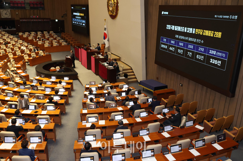 ▲주호영 국민의힘 의원이 30일 서울 여의도 국회 본회의에서 검찰의 보완수사권 폐지를 골자로 한 형사소송법 일부개정법률안(대안)과 관련해 무제한토론(필리버스터)을 하고 있다. 고이란 기자 photoeran@