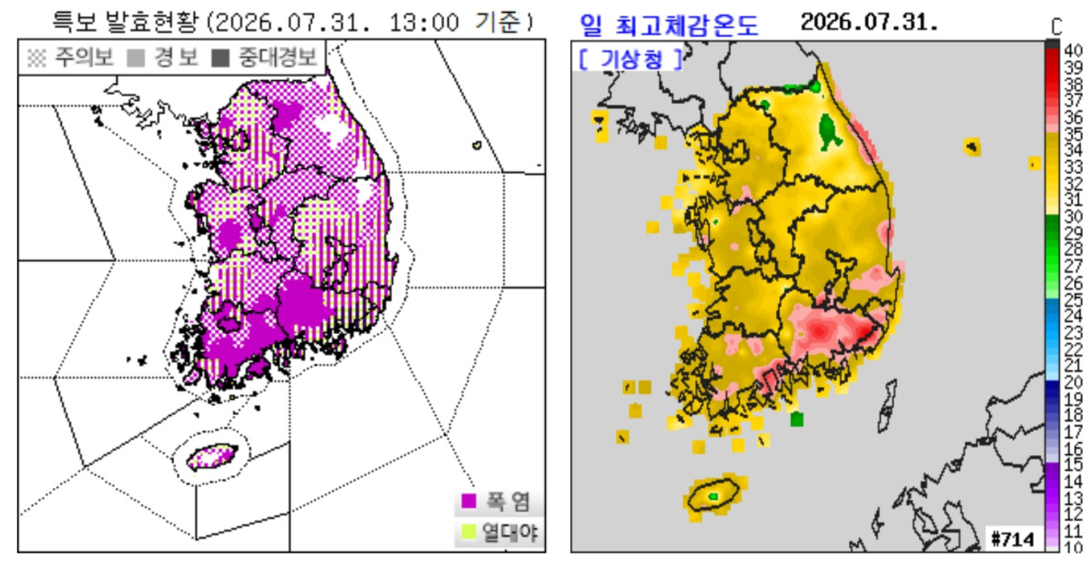 ▲'극한 폭염' 양산 40.7도…부산·경남 5곳 폭염중대경보 (출처=기상청 날씨누리)