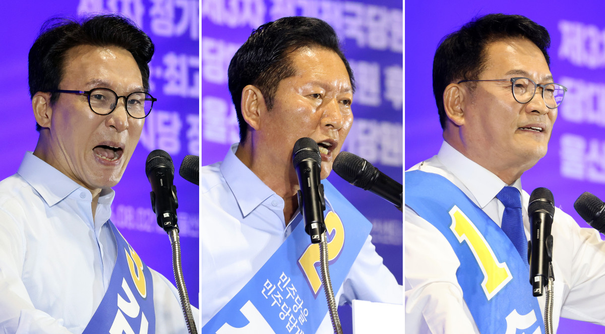 ▲더불어민주당 김민석(왼쪽부터), 정청래, 송영길 당 대표 후보가 2일 울산전시컨벤션센터에서 열린 당 대표·최고위원 순회경선 합동연설회에서 정견 발표를 하고 있다. 사진=연합뉴스