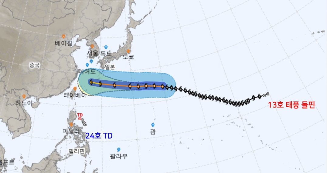 ▲제13호 태풍 '돌핀' 예상경로 (출처=기상청 날씨누리)