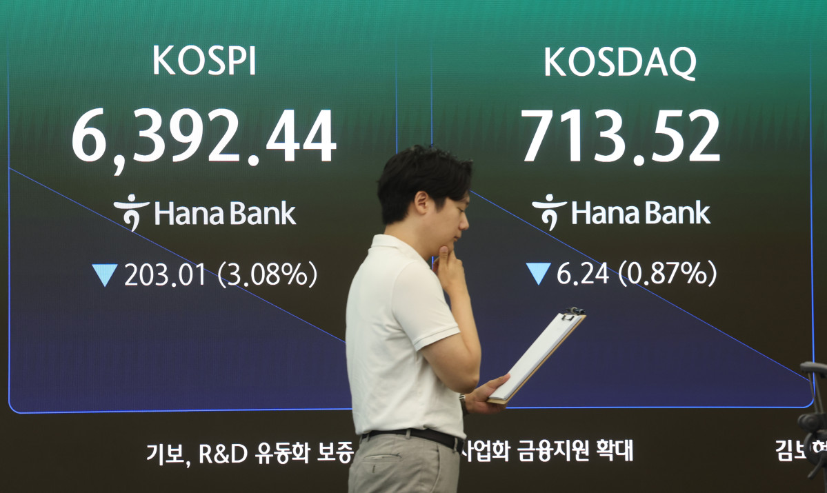 ▲직전 거래일 역대급 폭등세를 보였던 코스피가 3% 넘게 하락 출발한 3일 서울 중구 하나은행 딜링룸에서 직원이 업무를 보고 있다. (연합뉴스)