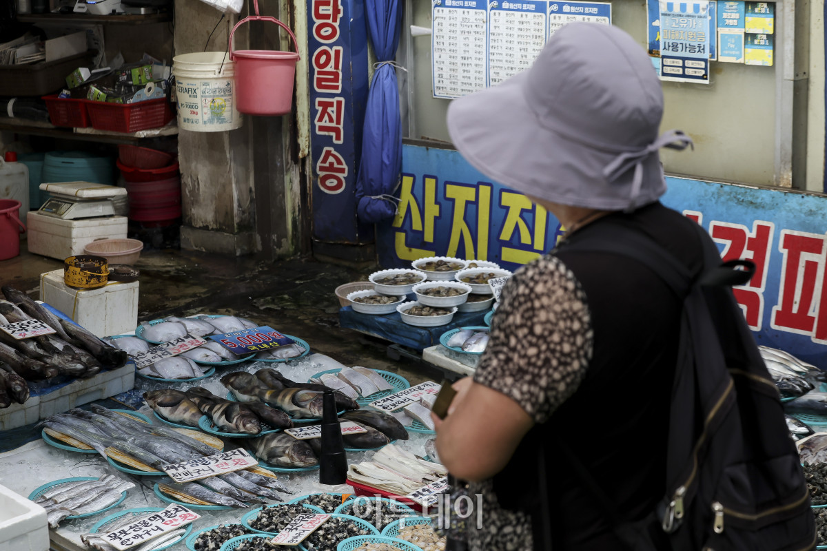 ▲전국 대부분 지역에 폭염특보가 발효된 3일 서울 마포구 망원월드컵시장을 찾은 시민들이 장을 보고 있다. 이날 기상청은 낮 최고기온이 37도까지 오르는 등 극심한 폭염이 이어질 것으로 전망했다. 필수 업무를 제외한 야외활동과 실외작업을 최대한 중단하거나 연기하고, 무더위쉼터나 냉방시설이 있는 곳으로 이동해 물을 마시며 휴식을 취할 것을 당부했다. 고성준 기자 joonko1@