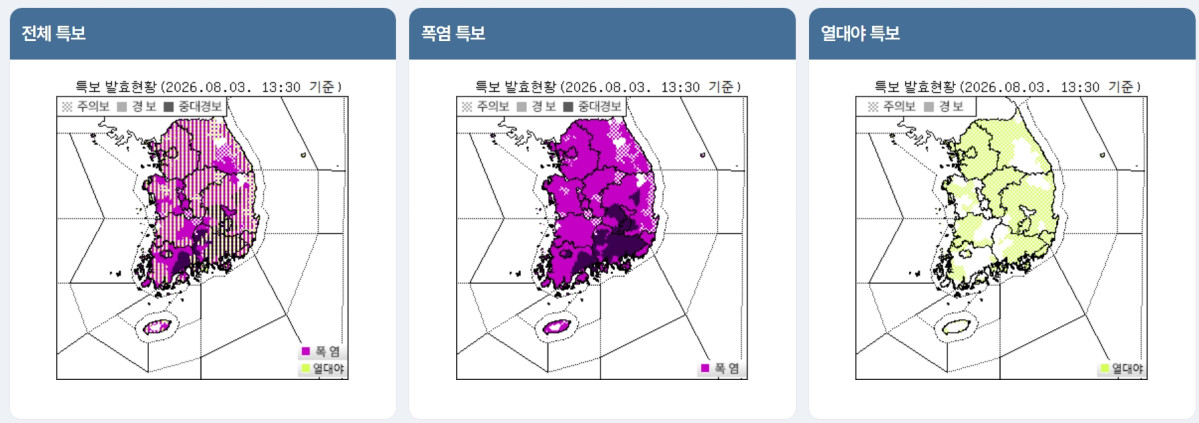 ▲전국 폭염 특보, 열대야 특보 발효 현황 (출처=기상청 날씨누리)