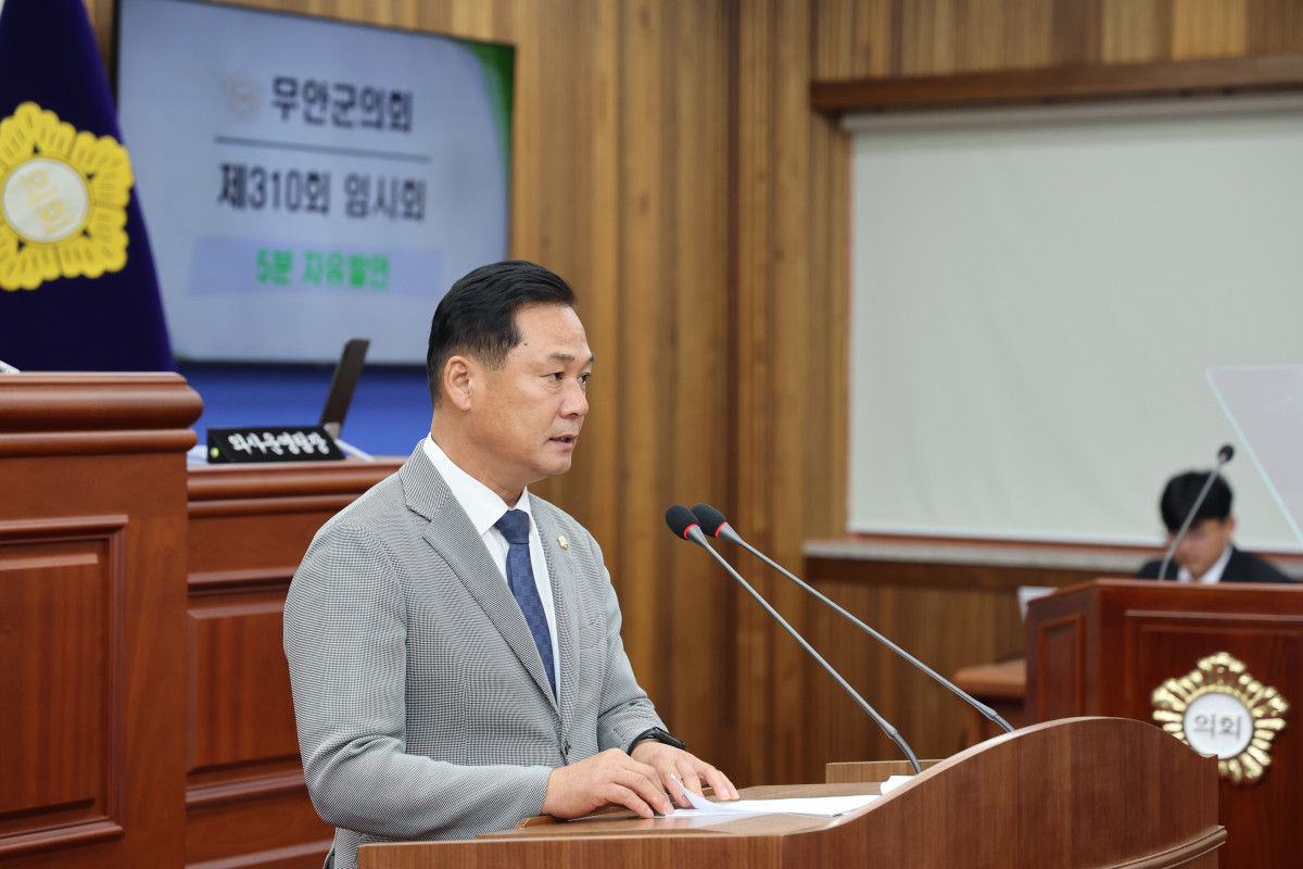 ▲이호성 무안군의원이 제310회 무안군의회 임시회 5분 자유발언을 하고 있다. (사진제공=무안군의회 제공)