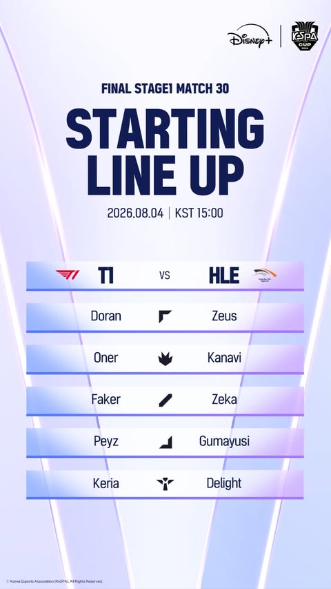 ▲4일 2026 LoL KeSPA컵 T1 vs HLE 선발 라인업. (사진제공=디즈니+)