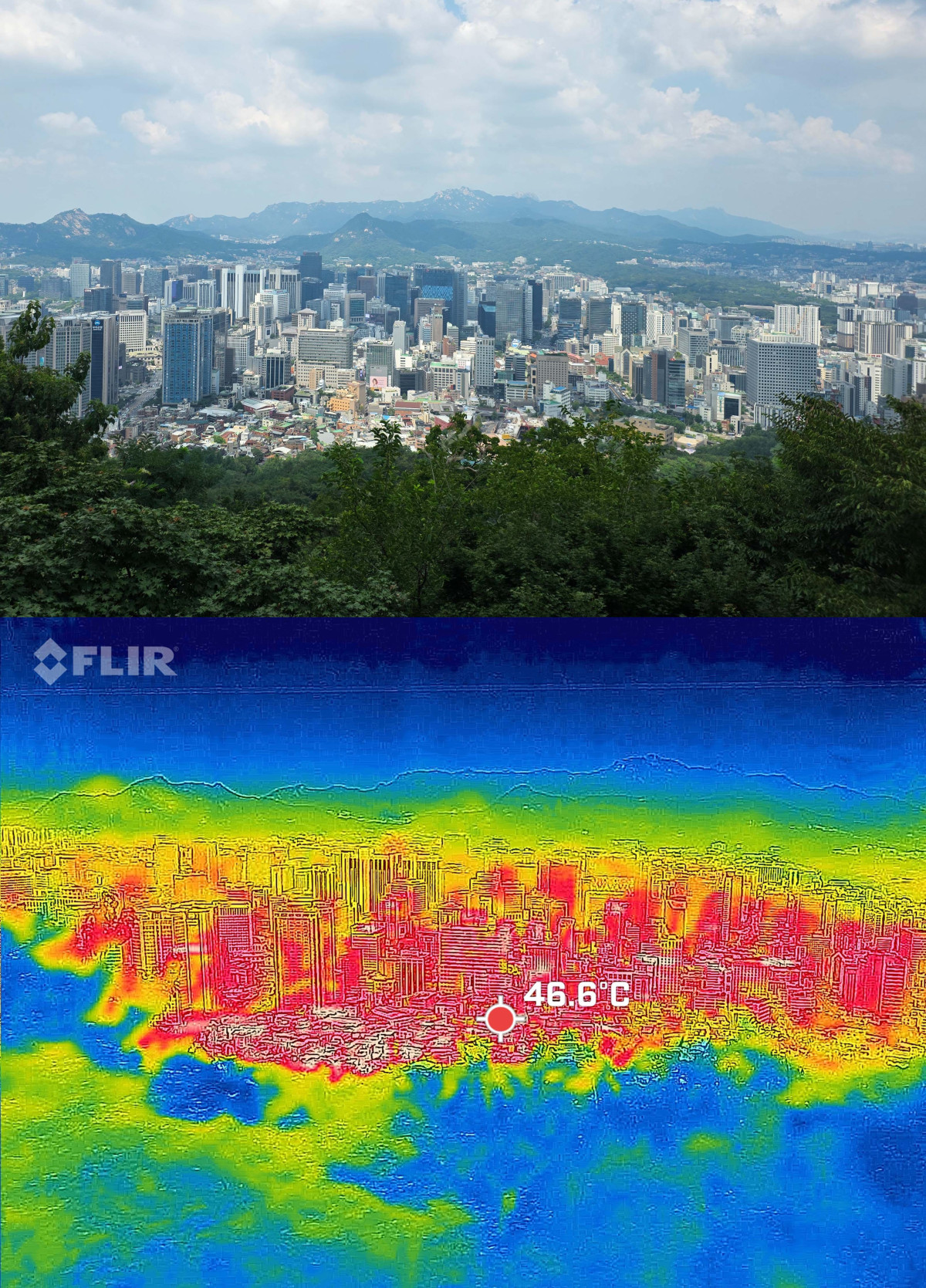 ▲서울에 첫 폭염중대경보가 발효된 4일 열화상 카메라로 촬영한 서울 도심이 붉게 보이고 있다. 열화상 카메라로 촬영한 사진은 온도가 높을수록 붉게, 낮을수록 푸르게 보인다. 같은 위치에서 촬영한 일반 사진과 열화상 카메라로 촬영한 사진을 나란히 놓았다. 신태현 기자 holjjak@