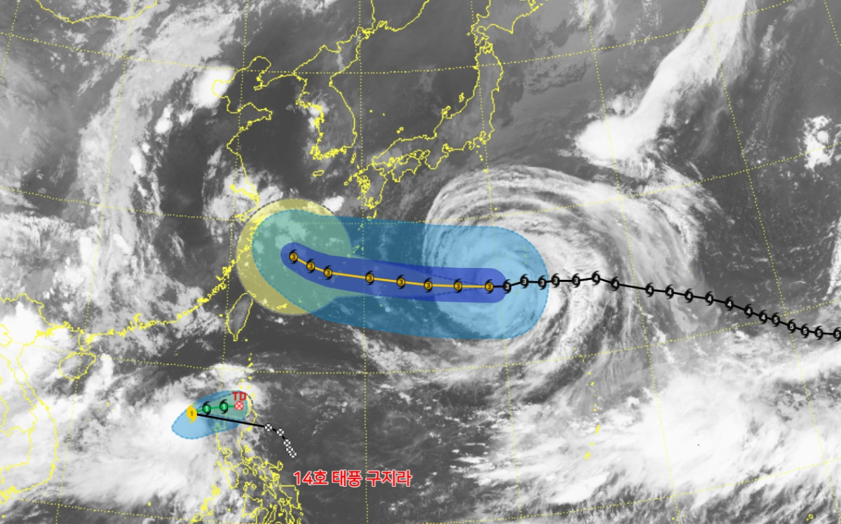 ▲제13호 태풍 '돌핀' 예상경로, 제14호 태풍 '구지라' 예상경로 (출처=기상청 날씨누리)