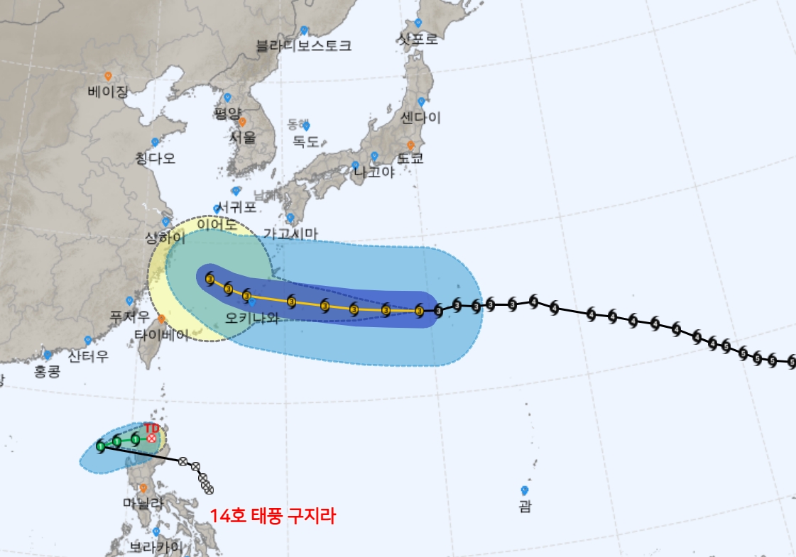 ▲제13호 태풍 '돌핀' 예상경로, 제14호 태풍 '구지라' 예상경로 (출처=기상청 날씨누리)