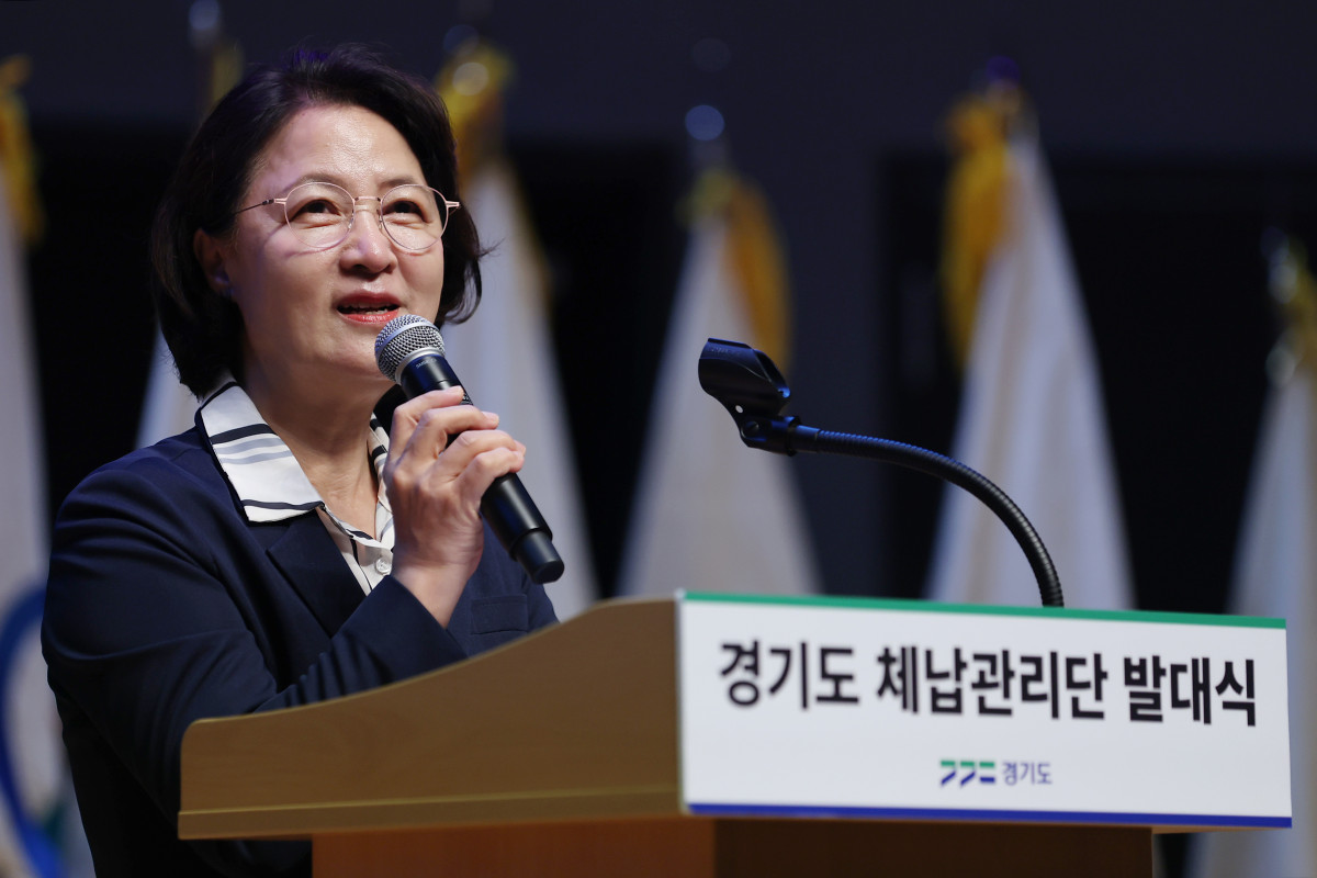 ▲추미애 경기도지사가 5일 경기도청 다산홀에서 열린 '2026년 경기도 체납관리단 발대식'에서 인사말을 하고 있다 (경기도)