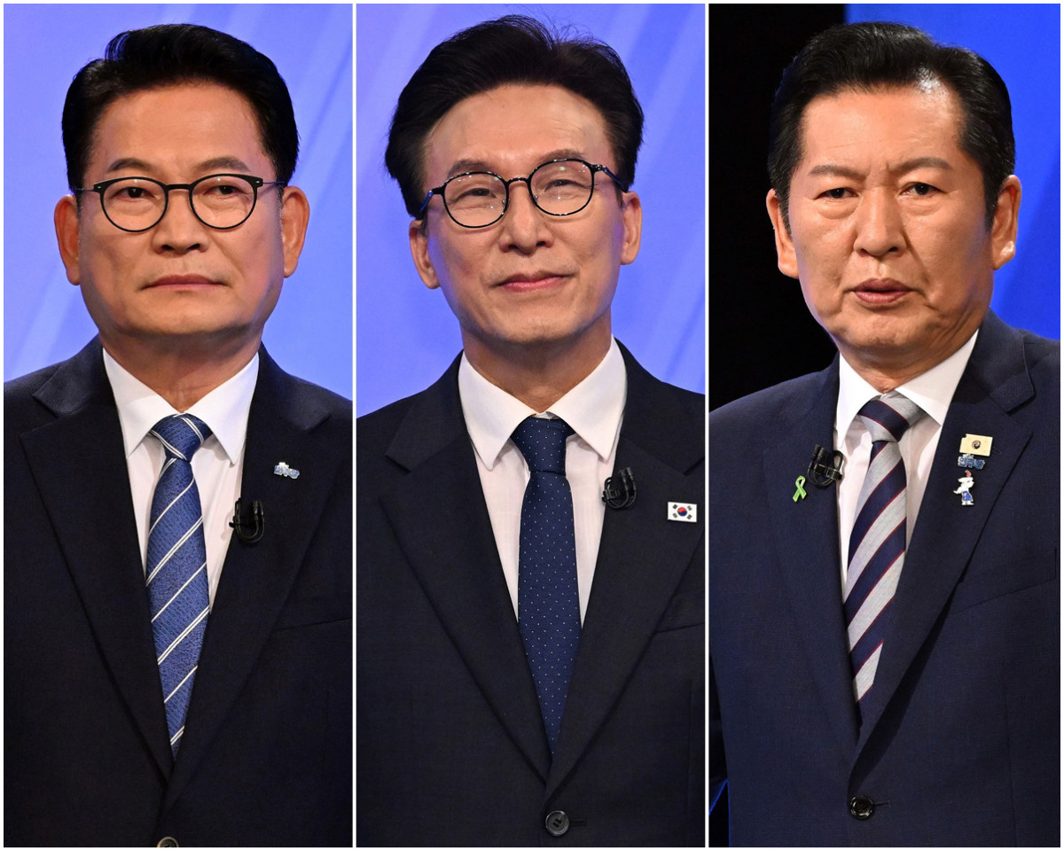 ▲더불어민주당 송영길·김민석·정청래 당 대표 후보가 5일 서울 영등포구 여의도 KBS에서 열린 제2차 TV 토론회를 준비하고 있다. 2026.8.5 [국회사진기자단] (사진=연합뉴스)